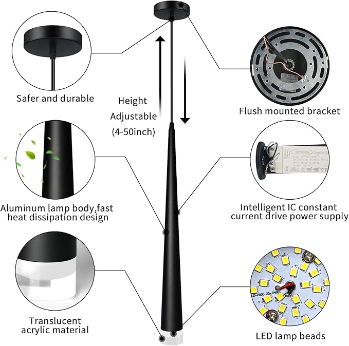 OKELI Black LED Pendant Light, Modern Conical Dimmable Pendant Lights, Minimalist Pendant Lighting for Kitchen Island, Dining Room, Bedroom, Bar,5w,4000k,3 Pack