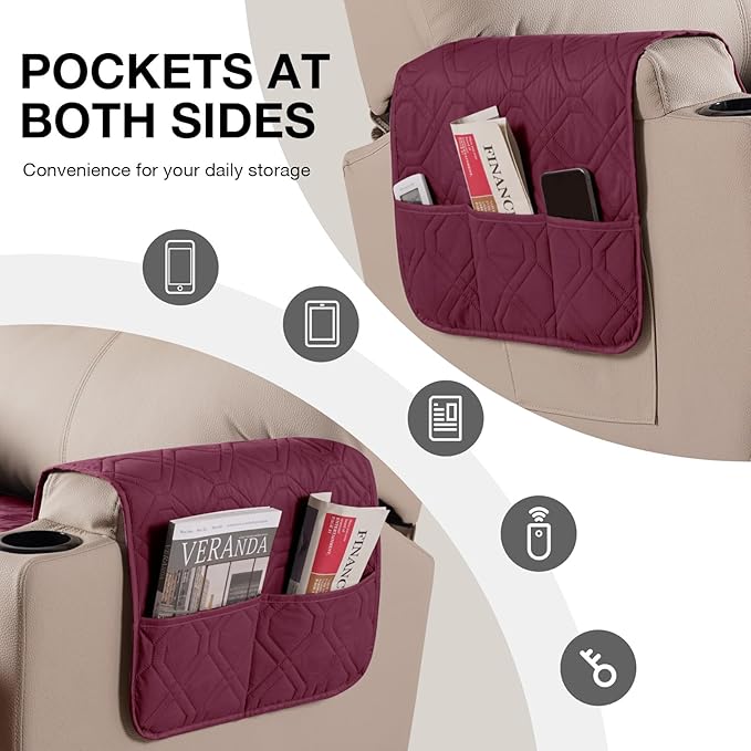VANSOFY Recliner Chair Covers 100% Waterproof Seat Cover with Arm Reclining Cover Non-Slip Recliner Chair Covers Furniture Protector Washable Slipcover with Pocket for Pets, Dogs(Burgundy, 25")