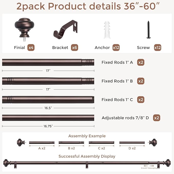 2 Pack Bronze Curtain Rods for Windows 30 to 56 Inch, Decorative Heavy Duty Single-Side Adjustable 1'' Antique Brown Curtain Rod, Vintage Rustic Metal Drapery Pole Set for Farmhouse Bedroom