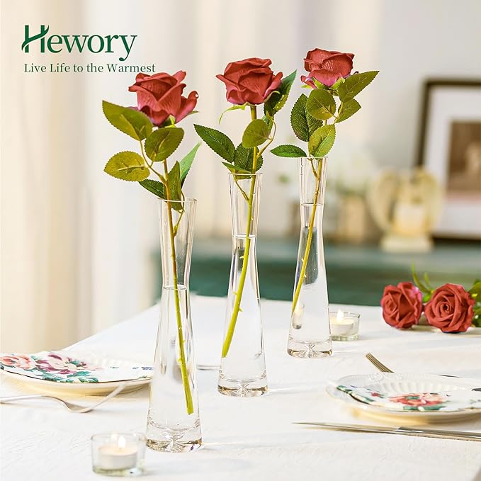 Hewory Glass Bud Vases for Centerpieces Set of 3, Handmade Modern Clear Small Skinny Decorative Single Flower Vase, Minimalist Slim Floral Vase for Home Wedding Party Events Table Decor, 9.64"