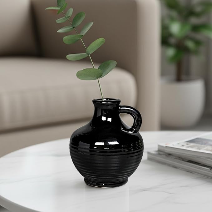 Sunddo Black Ceramic Vases Home Décor- 6 Inch Small Modern Decorative Vase with Handle, Black Decor, Table Mantle Fireplace Living Room Bathroom Wedding Centerpiece
