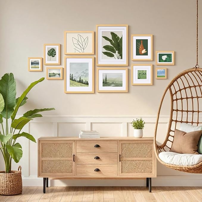 Egofine 8x8 Picture Frames Natural Wood Frames with Plexiglass, Display Pictures 4x4/6x6 with Mat or 8x8 Without Mat Set of 4 for Tabletop and Wall Mounting