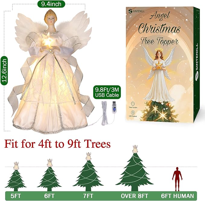 12.5" Angel Christmas Tree Topper with Lights, Lighted Angel Tree Topper with White Feather Wings and Star Light, Remote Control, Timer & USB Powered for Indoor Holiday Tree Decoration