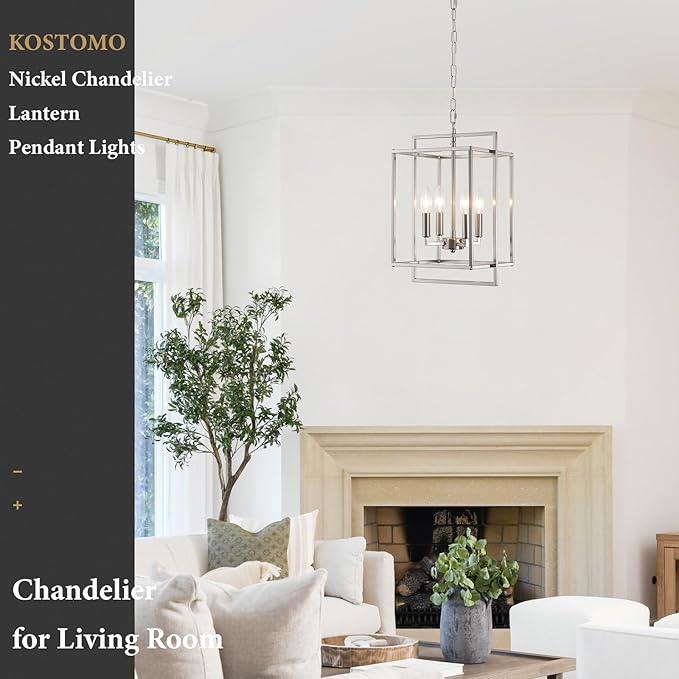 Nickel Chandelier Dining Room Light Fixture Lantern Chandeliers Iron Farmhouse Pendant Light Rustic Rectangle Adjustable Height Modern Kitchen Light for Living Room Entryway