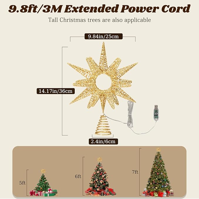 Lewondr Christmas Tree Topper, 14.17'' Metal Xmas Star Tree Topper with 30 LED Bulbs, USB Remote Control Glittered Sunflower Treetop, 6H Timer, 8 Light Modes Christmas Decorations for Home, Gold