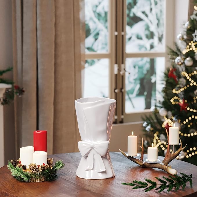 Fully Glazed White Ceramic Bow Vase 9.64 in Unique Cute Modern Decorative Bouquet Flower Vases for Home Living Room Table Christmas Decor Women Girl Gifts