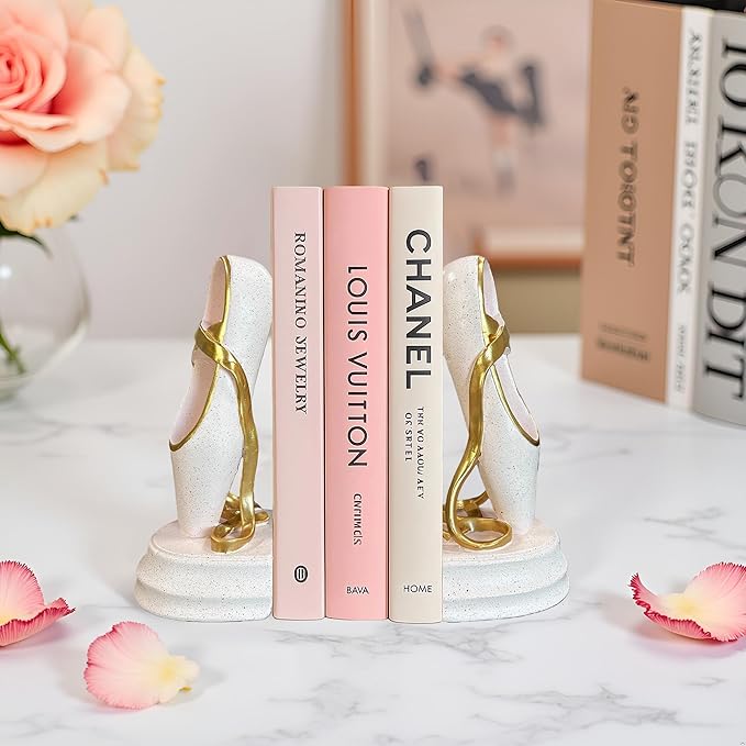 Ballet Shoes Bookends Set of 2 – Pink Resin Book Stoppers with Golden Ribbons, Elegant Decorative Book Ends for Girls’ Room, Bookshelf, and Office Decor