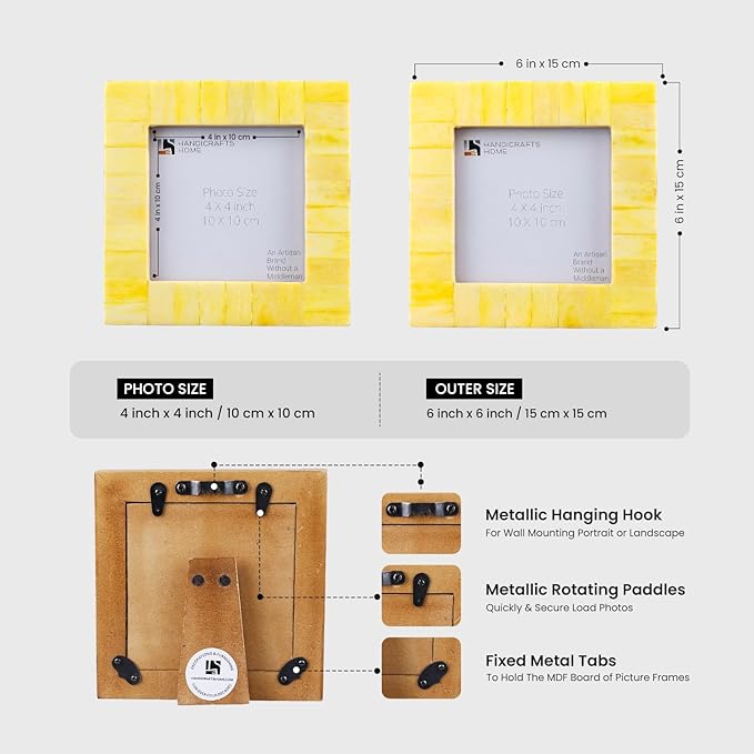 Handicrafts Home Yellow 4x4 Picture Frame for Christmas Decor & Holiday Gifting Handmade Photo Frame, Modern Minimalist Home Decor, Wedding Gift, Vintage Bone inlay Frames for Aesthetic & Living Room