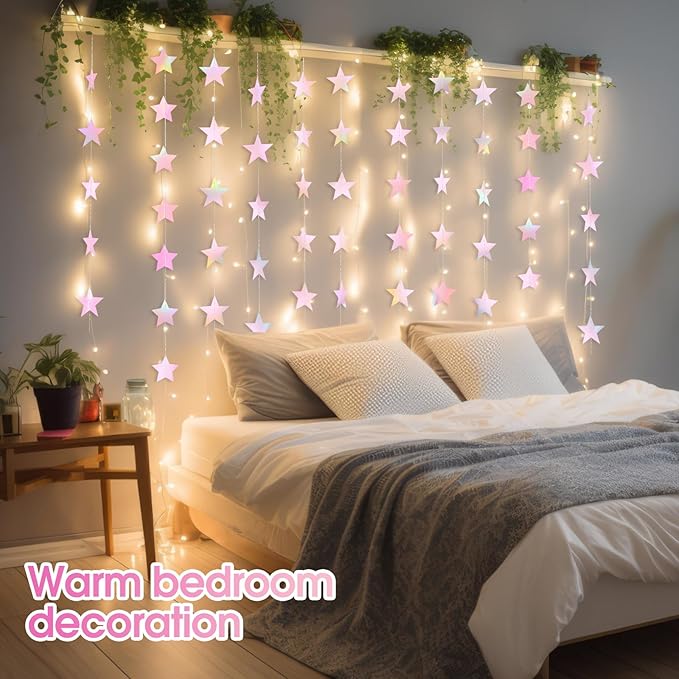 Patelai Glitter Star Garland Banner 2026 New Years Decor 130 Feet Star Hanging Banner Twinkle Backdrop for Birthday Classroom Wedding Christmas Party Supplies(Iridescent Pink)