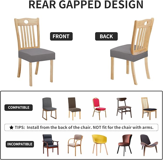 Easy-Going 100% Waterproof Seat Covers for Dining Room Chairs Set of 6, Stretch Chair Seat Slipcovers Protector Removable and Washable Kitchen Dining Chair Covers, Light Gray