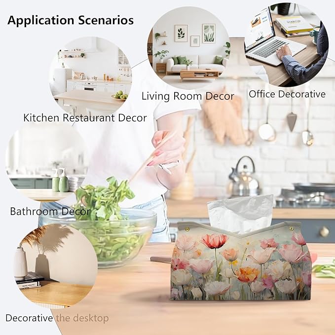 Spring Floral Leather Tissue Box Cover Rectangle, Tulip Flower Toilet Paper Box Holder,Flower Decorative Facial Paper Case for Farmhouse Living Room Bathroom Kitchen Office Desk,9.8x5.9x5.9In