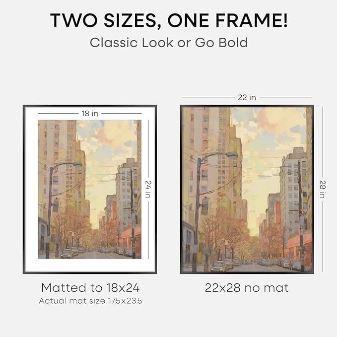 Homeforia 22x28 Poster Frame Black, High End Metal 22 x 28 Large Picture Frames with Mat 18 x 24 for Photo, 22x28 Thin Frame Matted to 18x24 inch Print, 28x22 Frame, Tempered Glass, Wall Kit, Set of 3