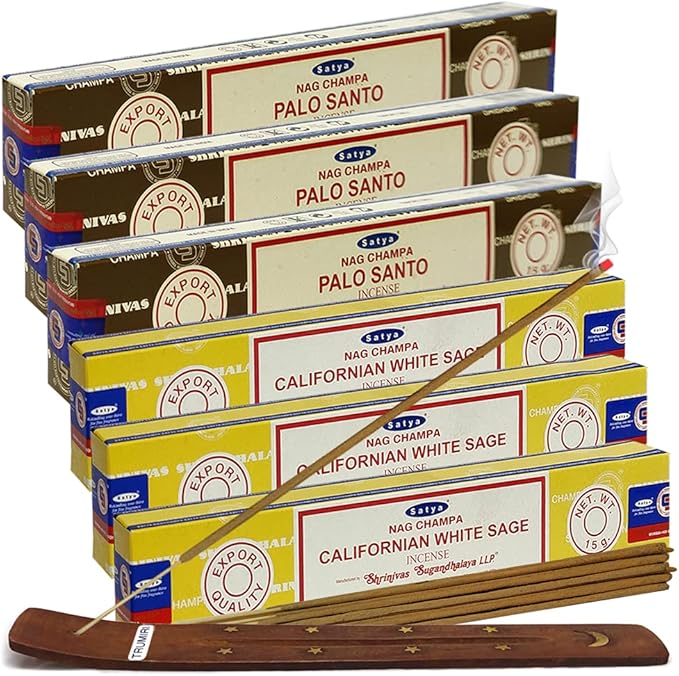 Palo Santo White Sage Incense Sticks & Holder Bundle Variety Pack from House of Nag Champa Incense Sticks and Trumiri