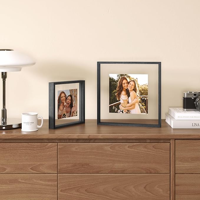 Egofine 12x12 Floating Frames Set of 2, Double Plexiglass Picture Frame, Made of Solid Wood Display Any Size Photo up to 12x12, Wall Mount or Tabletop Standing, Faded Black