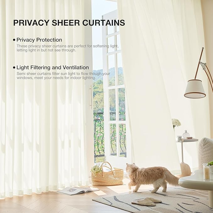 Anmao Non-See-Through Cream Privacy Semi Sheer Curtains for Living Room 54 Inch Length 2 Panels Set, Light Filtering That Let Light in Rod Pocket Window Drapes for Bedroom, 52W x 54L, Beige Yellow