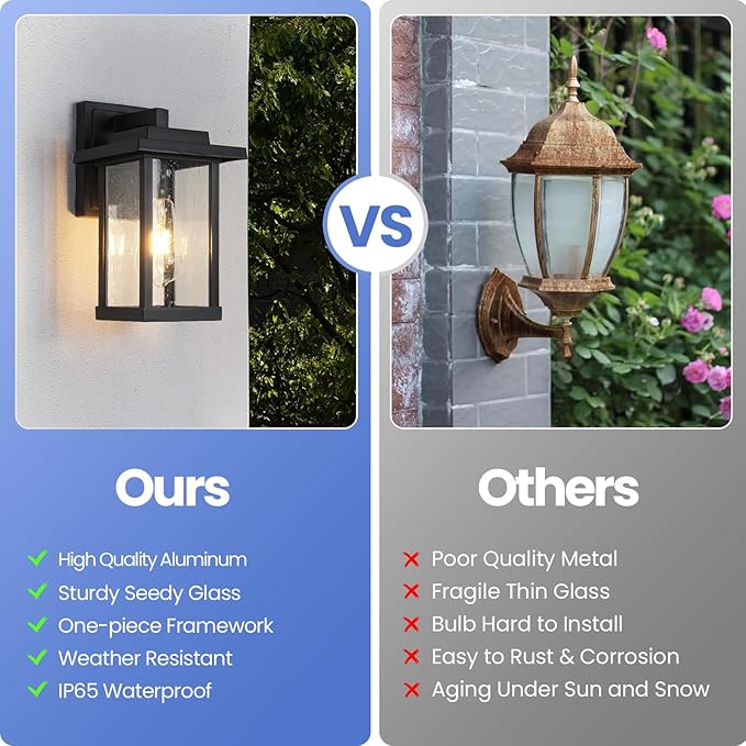 Outdoor Wall Sconce, Outside Porch Light Fixtures, Wall Mount Anti-Rust Exterior Wall Lights in Wood Grain Finish & Black Finish with Seeded Glass for Garage Doorway Entryway