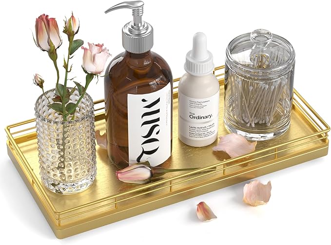Bathroom Vanity Tray – 12" x 6" Oak Decorative Wooden Tray for Toilet Tank Organizer, Wood Tray for Bathroom Countertop, Soap, Perfume, Storage Vanity Dresser Decor for Bathroom Essentials Gold
