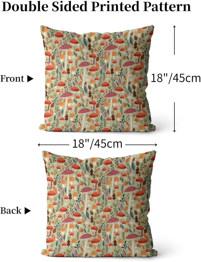 Boho Pillow Covers 18x18 Inch Fun Mushroom Botanical Print Pillow Protectors with Zipper Standard Size Ustic Nature Plant Bed Pillowcases Spring Colorful Floral Bed Pillow Covers Set of 2