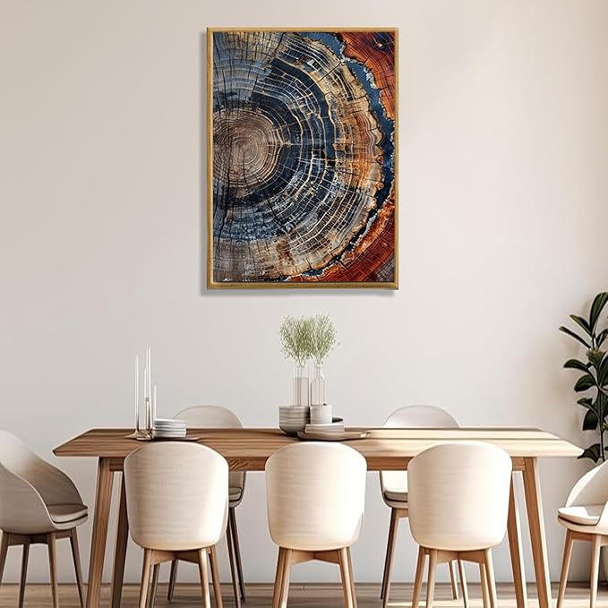 IBHJSART Framed Tree Ring Canvas Wall Art Vintage Colorful Wood Stump Painting Prints Modern Minimalist Pictures Neutral Nature Rustic Farmhouse Decor Living Room Bedroom Bathroom Office