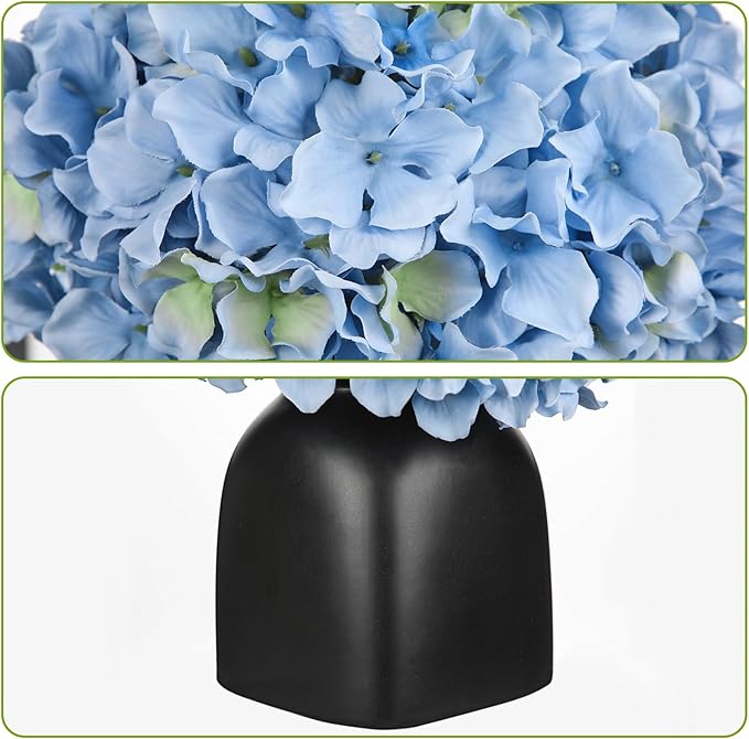 Briful Hydrangea Artificial Flowers Blue Silk Hydrangea Flowers in Deep Black Ceramic Vase Spring Flowers Arrangments Potted Fake Flowers for Home Decor Indoor Farmhouse Table Wedding Centrepiece