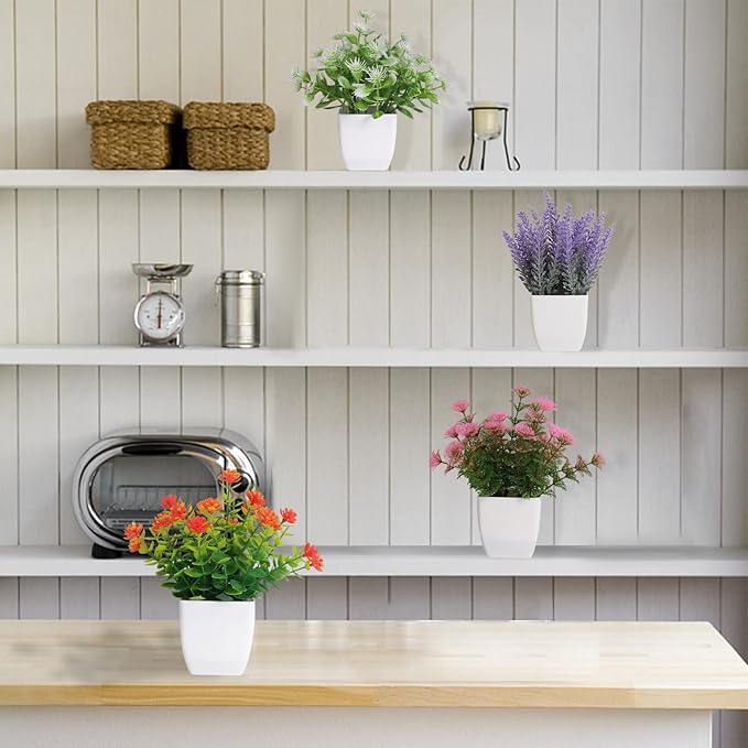 Artificial Potted Flowers 4pcs Fake Small Plant in Pot Mini Faux Plant Door House Office Tabletop Kitchen Colorful Greenery Decor