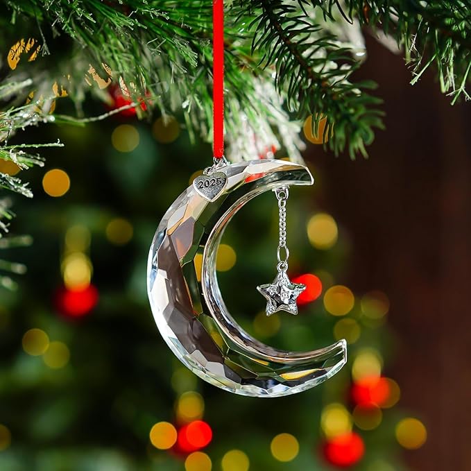 H&D HYALINE & DORA 2025 Christmas Moon Ornament Crystal Christmas Moon Hanging Ornament Clear Crystal Suncatcher Ornament for Xmas Winter Party Home Decor