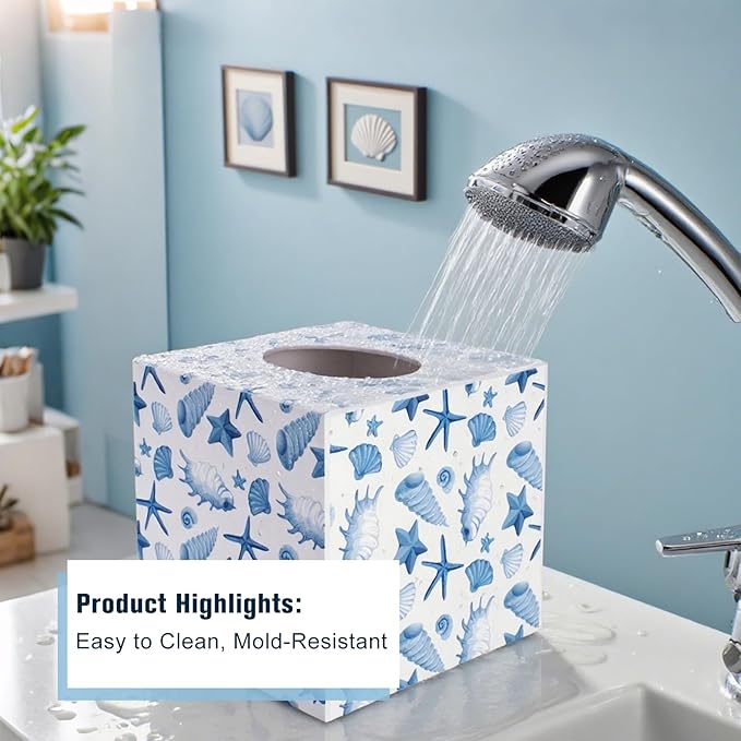 SOMTO Acrylic Square Tissue Box Cover,Beach White Starfish Seashell Coastal Decorative Tissue Holder Dispenser Bathrooms, Desks, Countertops, Vanities, Bedrooms, and Nightstands Decor