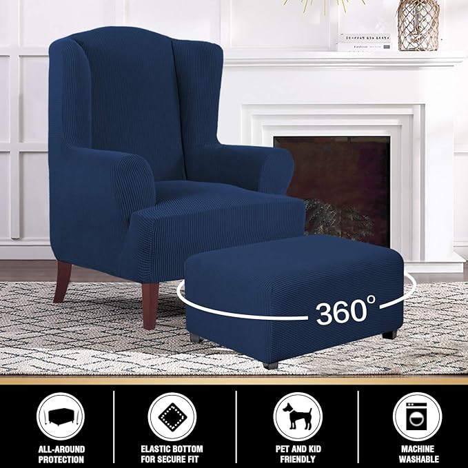 PrinceDeco Stretch Ottoman Cover Slipcovers Rectangle for Living Room Foot Stool Stretch Covers to Fit Ottoman Foot Rest, Thick Checked Jacquard Fabric with Elastic Bottom (Oversized Ottoman, Navy)