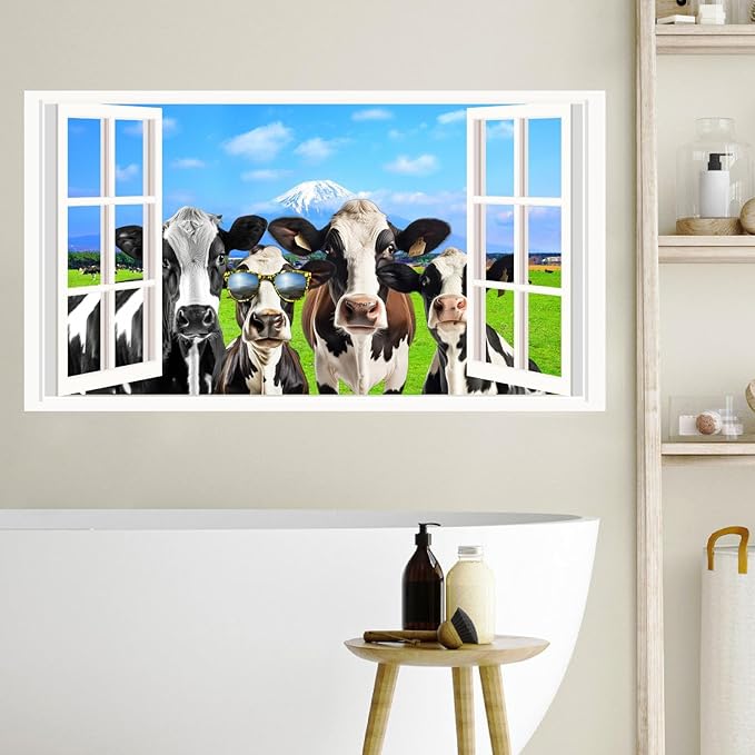 Funny Cow Wall Decals 3D Fake Window Stickers Farmhouse View Wall Decals 3D Peeking Cow Decal Funny Farm Animal Stickers Farmhouse Cow Decal for Living Room Bedroom Decor