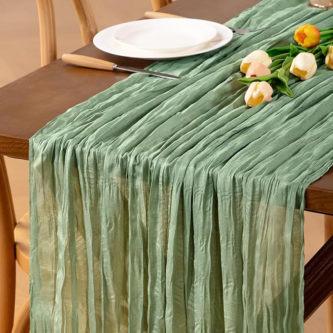 8pcs Sage Green Cheesecloth Table Runner Boho Gauze Spring Table Runners 22×120 inch 10FT Decor for Farmhouse Wedding Baby Shower Birthday Party Ceremony
