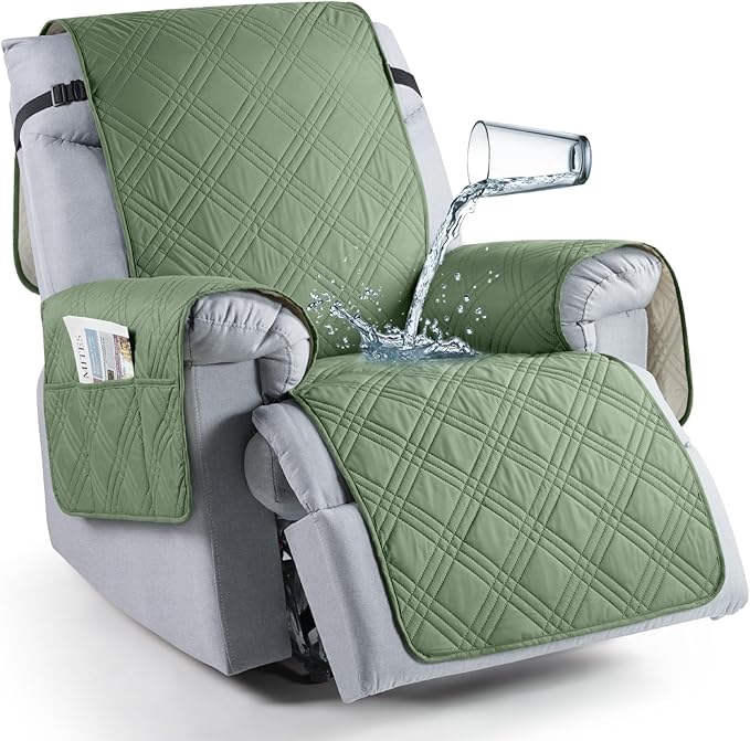 TAOCOCO 100% Waterproof Recliner Chair Cover, Non Slip Recliner Covers for Recliner Chair with Pocket, Washable Reclining Chair Cover Furniture Protector for Kids,Dogs(23.6'', Bean Green)