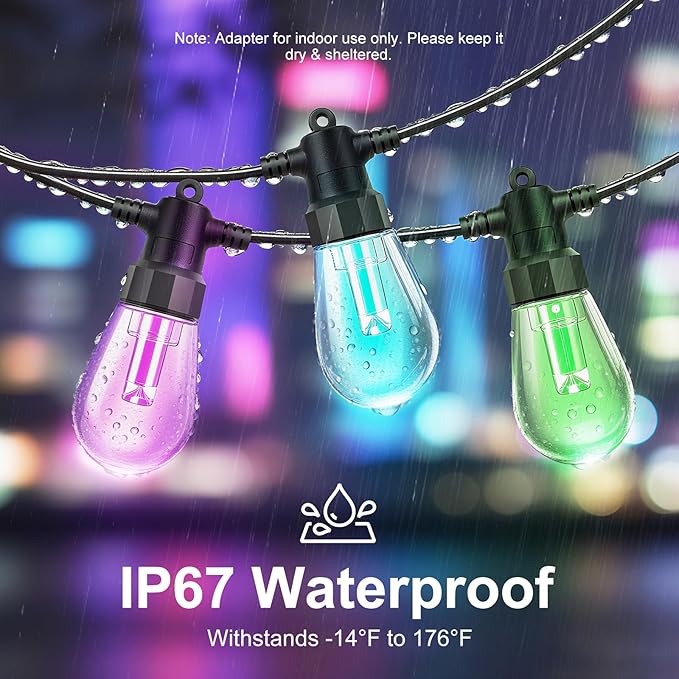 Outdoor String Lights 48ft, Patio Lights with 15 Dimmable LED Bulbs, RGBW & Warm White, IP66 Waterproof, Shatterproof, APP & Remote Control, Color Change, Customizable Colors for Backyard Decor