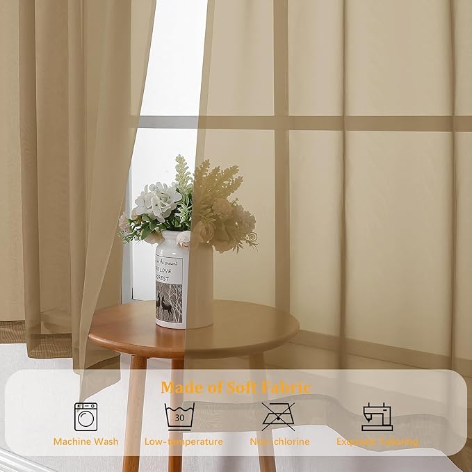 Gwine Taupe Sheer Curtains for Living Room 45 inches Long, Short Voile Light Filtering Window Treatments Sheer Curtains for Bedroom, Half Window Drapes with Rod Pocket, Each 42" Wx45 L