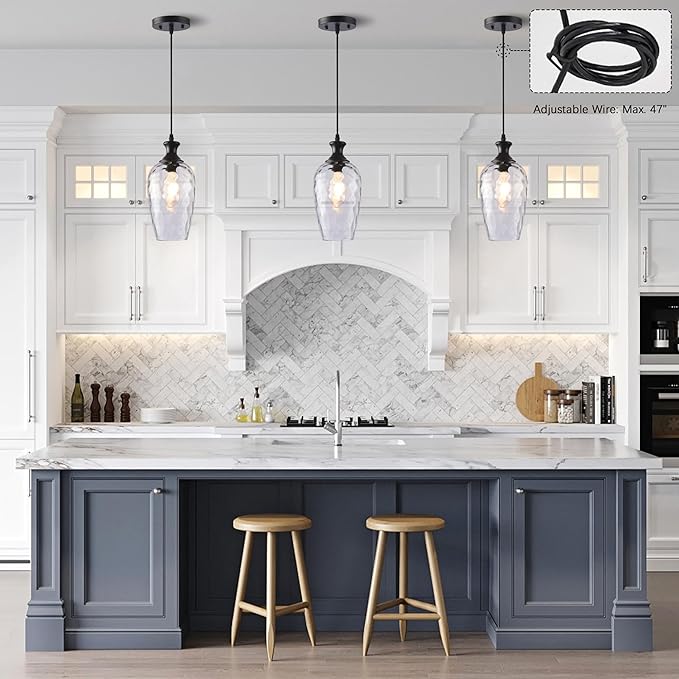 Glass Pendant Lights Kitchen Island, 1-Light Black Pendant Light Fixtures with Hand-Blown Clear Glass, Farmhouse Hanging Light for Kitchen Sink Dining Room Bedroom, E26