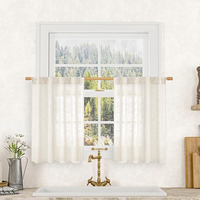 LAMIT Semi Sheer Cream Linen Curtains 36 Inch Length 2 Panels, Light Filtering Panels Back Tab and Rod Pocket Neutral Drapes for Bathroom/Kitchen/Loft Room, 34 x 36 Inch