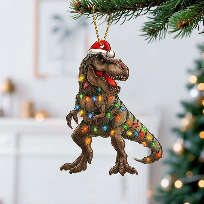 2 Side Printed Flat Christmas Wooden Ornaments, Animal Keepsake Hanging Tree Decoration, Santa Dinosaur Ornament