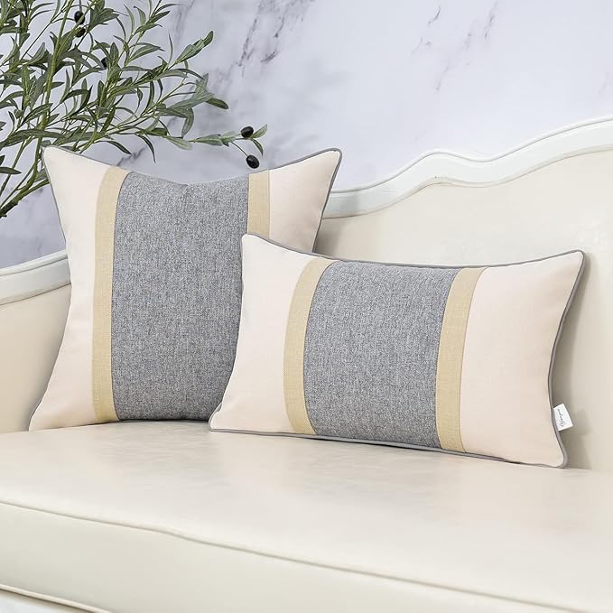 Yangest Patchwork Pillow Cover 20x20 Inch Luxury Cotton and Linen Cushion Cover Square Pillowcover for Couch Bedroom Living Room, Gray