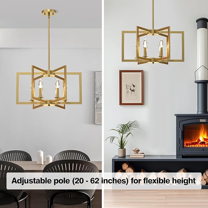 Modern Gold Chandelier, 6-Light Geometric Dining Room Light Fixture, Industrial Pendant Lights Kitchen Island, Hanging Metal Farmhouse Chandelier for Bedroom, Entryway, Foyer, Kitchen, Living Room