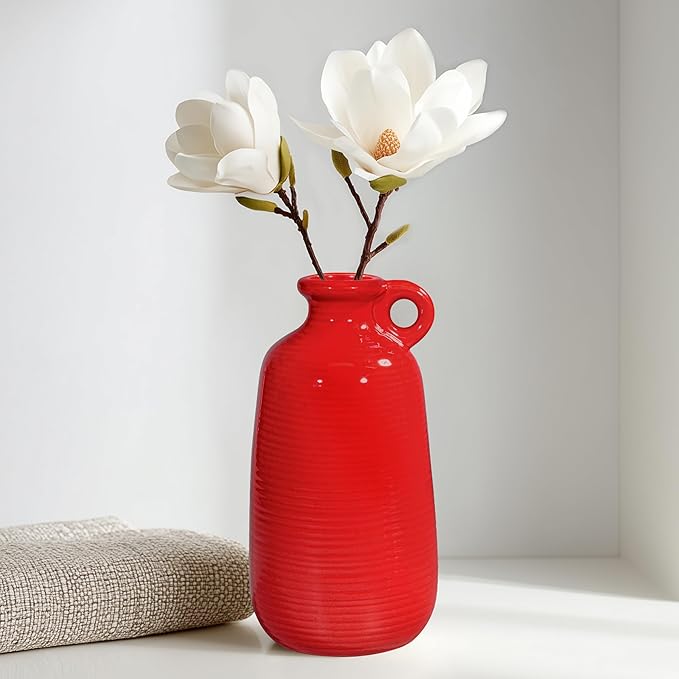 Sunddo Red Ceramic Vase - 10 Inch Modern Flower Vase for Home Decor, Decorative Vase with Handle, Red Decor for Entryway, Bedroom, Office, Centerpiece Table Decorations