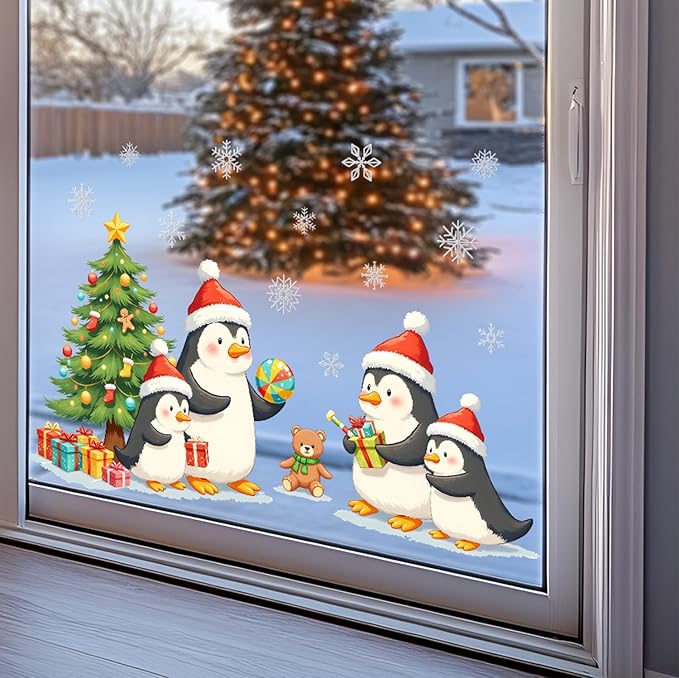 Penguin Christmas Wall Decals | Peel and Stick Holiday Decorations with Santa Hats, Gifts & Tree – Removable Snowflake Vinyl Stickers for Winter Wall, Window, Living Room, Office & Seasonal Displays