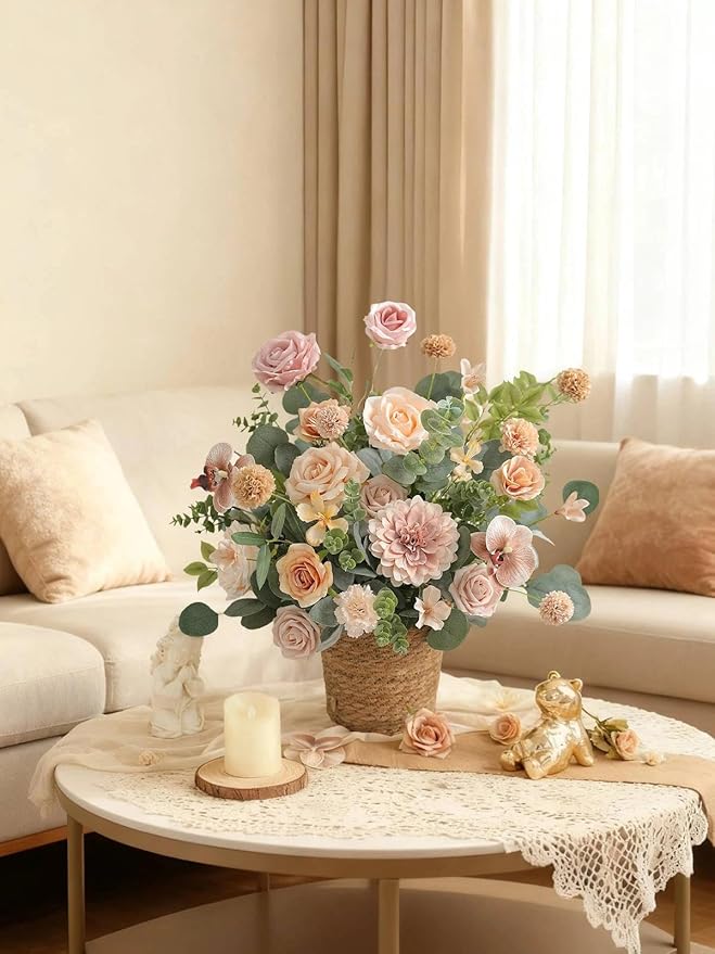 Artificial Flowers Set Champagne Coffee Silk Fake Flowers with Stems for DIY Wedding Bridal Bouquets Cake Arch Floral Arrangement Table Centerpieces Baby Shower Party Home Decorations