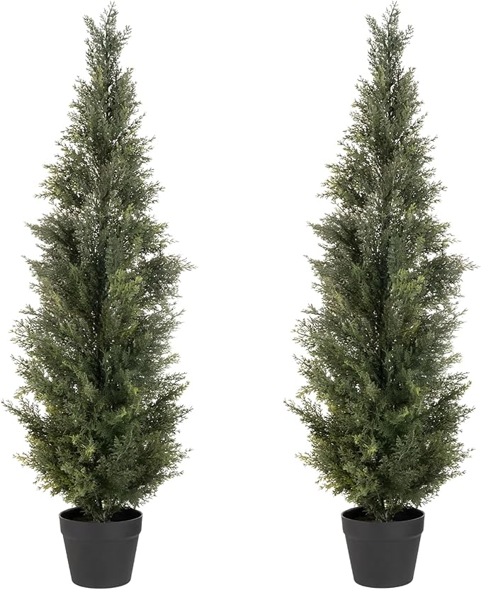 4FT Artificial Cedar Topiary Trees, 2Pack Lifelike UV Protected Faux Cedar Tree Fake Cypress Trees Evergreen Plants for Front Door Decor, Porch, Garden, Entryway