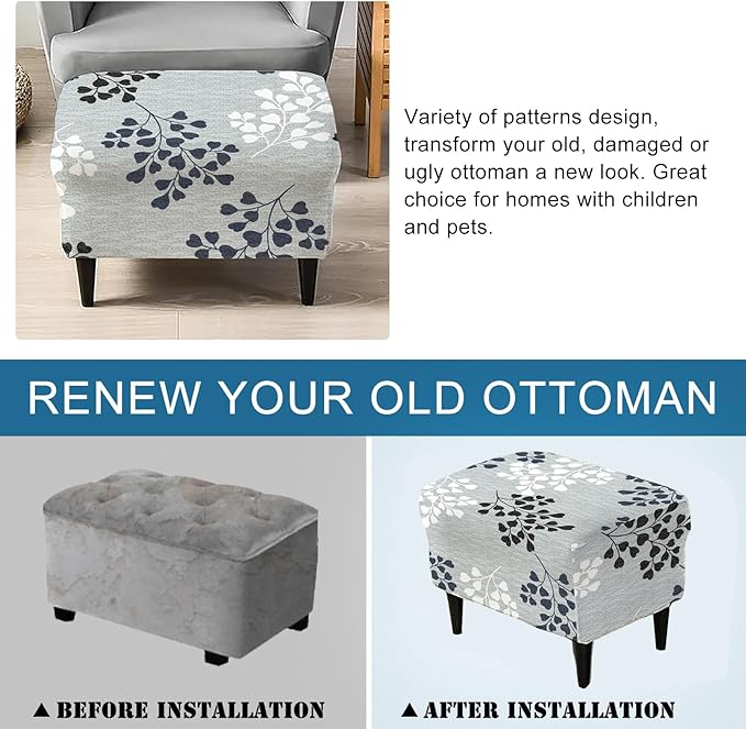 KRFOONN Stretch Ottoman Cover Slipcovers Rectangle Fit Length 55"-63" Footrest Stool Covers Printed Ottoman Cover for Foot Stool Furniture Protector with Non Slip Elastic Bottom, Color 01