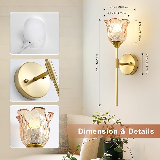 2 Pack Vintage Battery Operated Wall Sconce with Amber Glass Lampshade, Wireless Rechargeable Battery Powered RGB Wall Light with Remote Control, for Bedside Bedroom Doorway