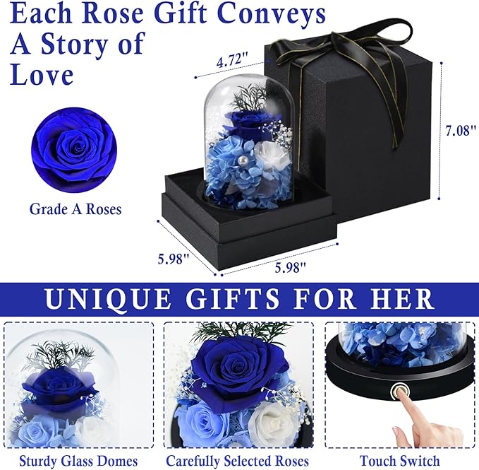 FIACO Preserved Flowers Rose Gifts for Women, Birthday Gifts Eternal Rose in Glass Dome Long-Lasting Real Forever Flowers Gifts for Mom Grandma Wife Girlfriend