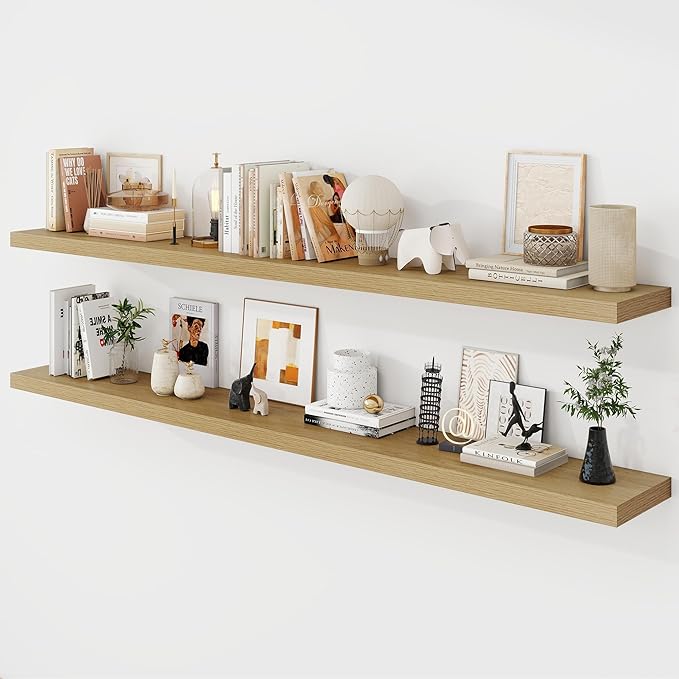 72 Inch Floating Shelves, 9.3" Deep Floating Shelf Wall Mounted, 72" Wall Shelves, Rustic Deep Bookshelf, Large Display Shelves & Storage Shelves for Bedroom, Living Room, Oak, Set of 2