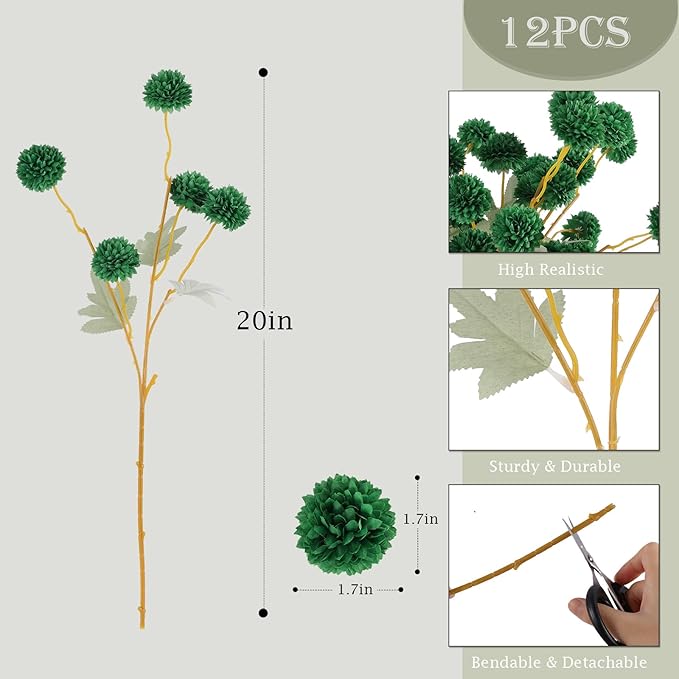 Hananona 12 Pcs Artificial Chrysanthemum Flowers, Green Kiku Pom Pom Mums Flower Faux Floral Arrangements Centerpiece for St Patrict Day Home Kitchen Decor (12, Blackish Green)