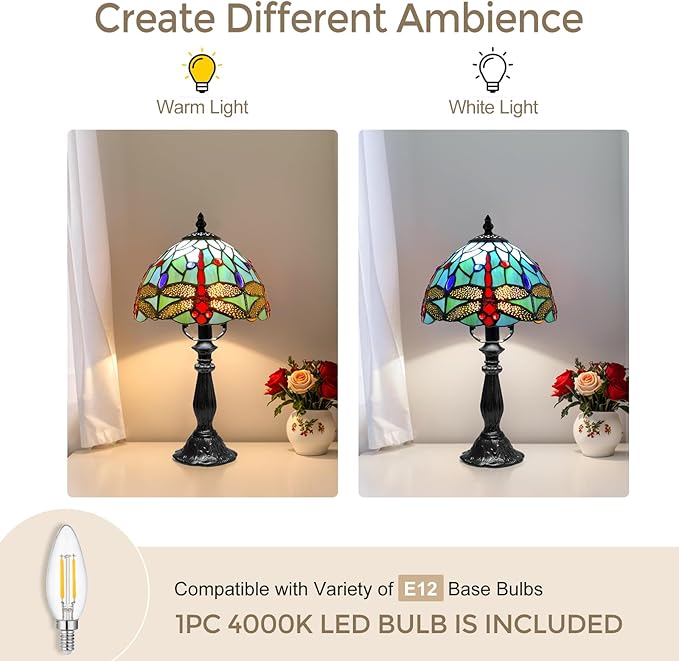 Tiffany Lamp Dragonfly Stained Glass Table Lamp, 8 Inch Antique Desk Lamp with LED Bulb, Desk Reading Light for Bedroom Living Room Office Table Lamps for Bedside Nightstand Gift