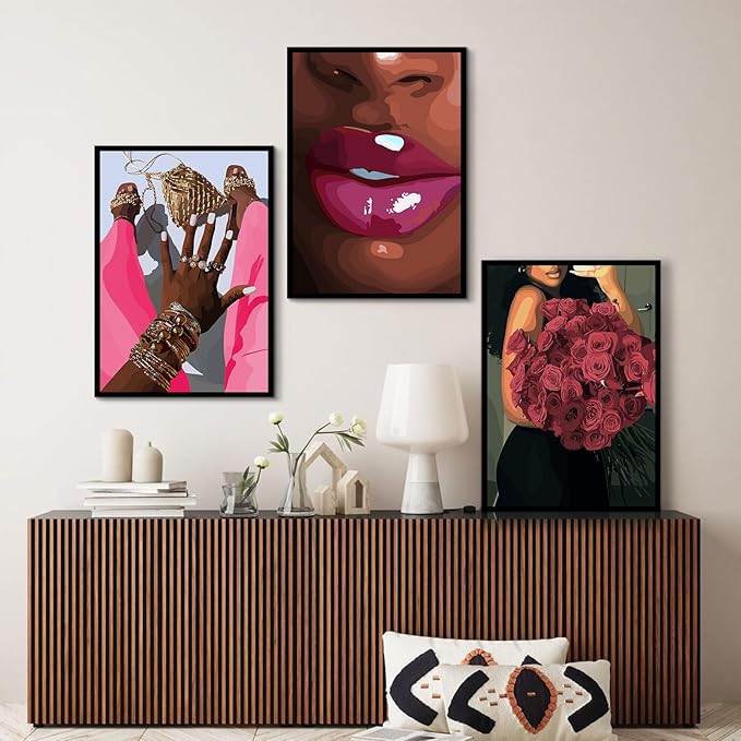 Black Girl Wall Art African Woman Canvas Wall Decor Pink Black Women People Art Fashion Poster African American Girl Pictures Abstract Flower Painting for Bedroom Living Room 12x16x3 Inch Unframed