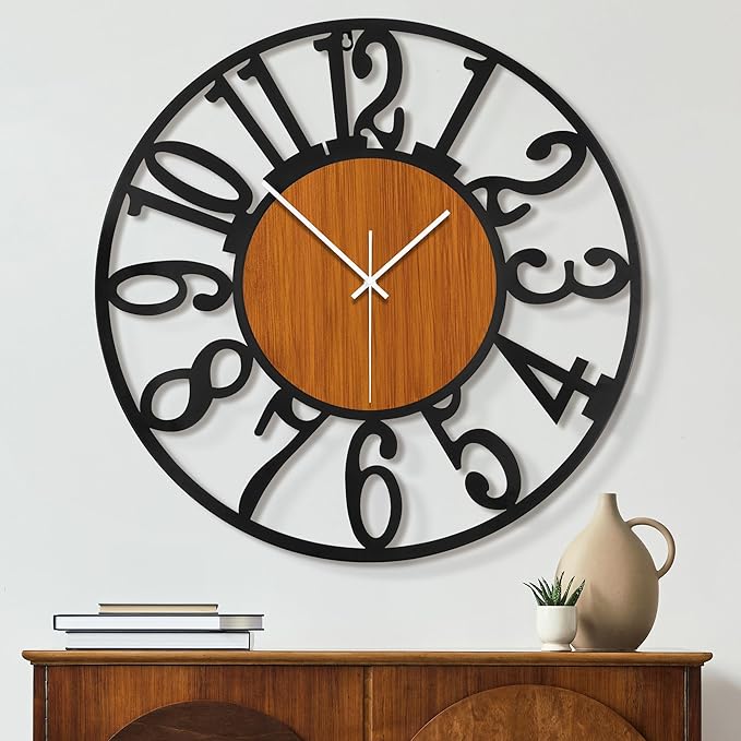 Maxstar Large Round Wall Clock for Living Room Decor Battery Operated Non Ticking Black Metal Wood Clocks for Home Living Room Garden Office Kitchen Decoration -32 inch